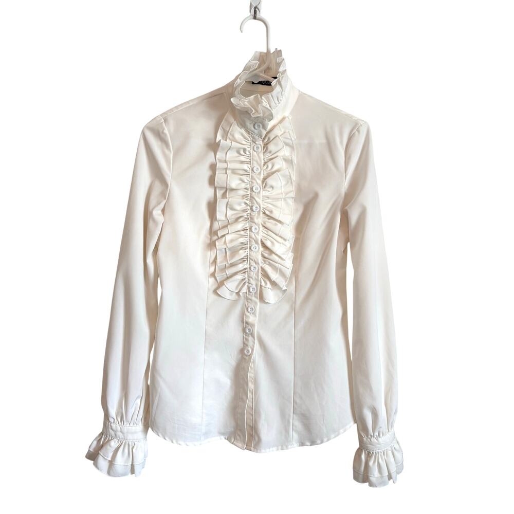 PrettyGuide White Ruffle Collared Button Shirt Small Romantic Victorian Regency